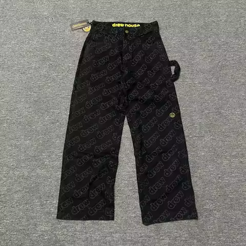 Drew House New Drew House Smiley Letter Full Print Workwear Straight Jeans for Men and Women Casual 