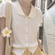 Dopamine Color Flutter Sleeve T-Shirt - Short Sleeve, Turn-Down Collar, Knit Top for Petite Women