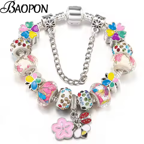 BAOPON Colorful Crystal Flower Beads Bracelets With Charm Bracelets Bangles For Women Men Fiancee Bi