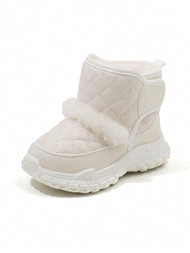 中性幼童長毛絨冬季保暖雪靴,舒適防水橡膠鞋底,室內外防滑鞋