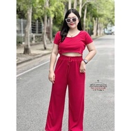 Set For Chubby Women C950 Crop Top 2-Piece U-Neck Shirt Comes With Long Pants (Fake Rope) A Popular 