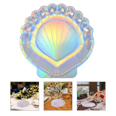 16Pcs Holographic Mermaid Shell Paper Plates Disposable Food Serving Party Tableware Snack Dessert P