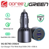 UGREEN 75W DUAL USB-C PD + USB-A FAST CAR CHARGER WITH 65W USB-C OUTPUT 30W USB-C OUTPUT 22.5W USB-A