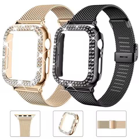 Strap + Diamond Case for Apple Watch Series 9 41mm 45mm Band 38mm 42mm Stainless Steel Bracelet for 