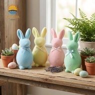 LARGLO Flocked Rabbit Figures, Plush with Bow Easter Bunny Statue, Easter Holiday Solid Color Foam 3