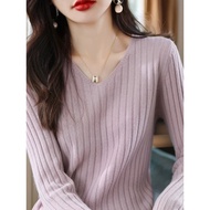 Autumn Winter Purple Lotus Root Powder Atmosphere Feel Temperament V-Neck Knitted Bottoming Shirt Wo