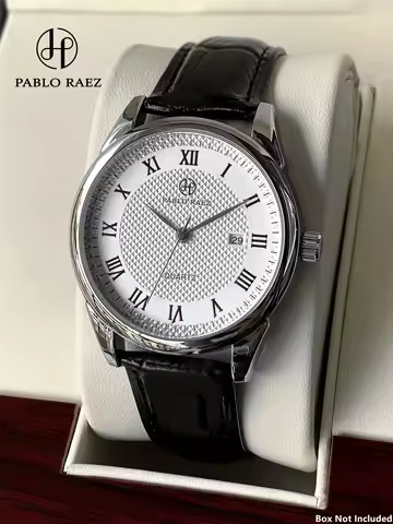 PABLO RAEZ Luxury Quartz Men's Watch Waterproof Calendar Leather Strap Built in Battery Roman Scale 