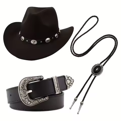 Women Men Retro Cowgirl Hat with Belt Necklace Sets Western Accessories