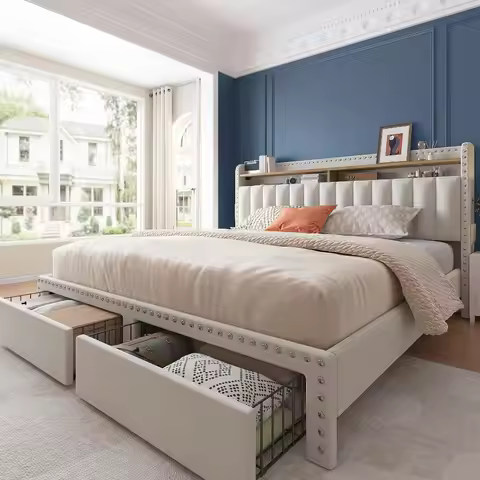 EnHomee Queen Bed Frame with Headboard and Storage, Upholstered Queen Bed Frame with Storage, Queen 