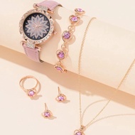 Woman Luxury Style Leather Strap Round Watch Earring Necklace Bracelet 5 Pcs Fashion Quartz Exquisite Set