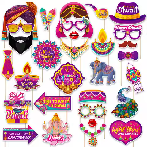 30Pcs/Set Happy Diwali Theme Photo Booth Props Candle Elephant Dress Up Paper Masks for India Diwali