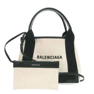 近全新 Balenciaga 海軍藍 Cabas XS 帆布和皮革雙肩包，淺米色和黑色拼接，0433 [二手] BALENCIAGA