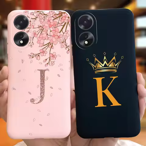 For OPPO A18 A38 2023 Fashion Crown Sakura Initial Letter Case For Oppo A38 A18 4G Black Pink Silico