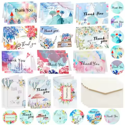 24 Pcs Thank You Cards Set with Envelopes and Stickers, 12 Designs Elegant Small Thank You Notecards
