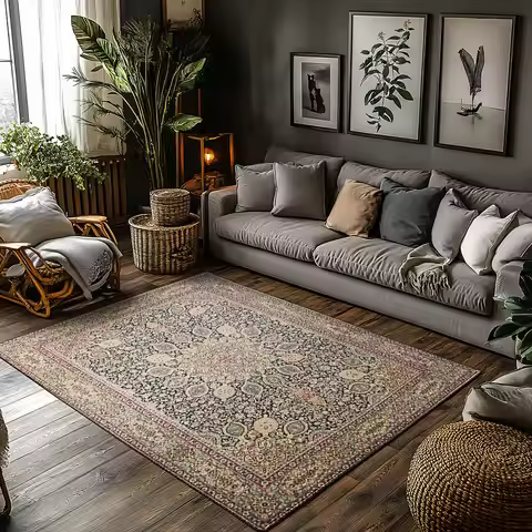 Vintage Bohemian Floral Area Rug for Living Room Decor Cream Brown Color Persian Style Carpet with S
