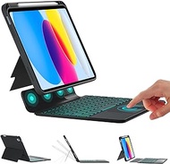 BOBOLEE Touchpad Keyboard Case for iPad 10.9" 10th Gen (Not for Air 5th &amp; 4th), Wireless BT Backlight with Trackpad, Horizontal Vertical Multi-View Adjustable Angles Slim Cover with Pen Holder, Black