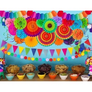 35PCS Fiesta Paper Fan Party Decorations Set - Cinco De Mayo Pom Poms,Pennant,Garland String,Banner,