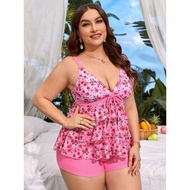 Plus Size Two Piece Swimsuit Bikini Set Short Bottom Pink 1XL | 2XL