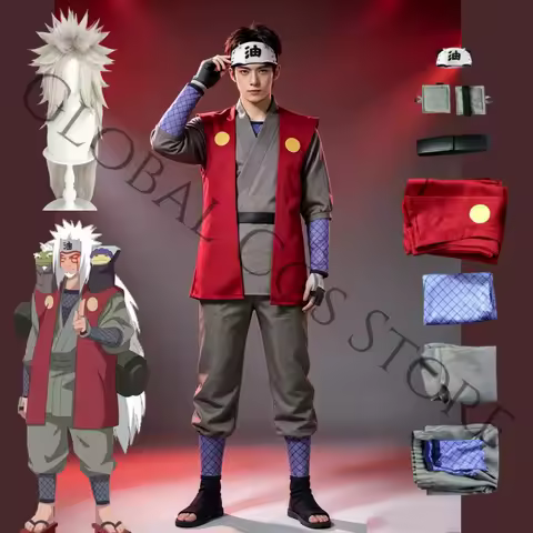 Anime Character Jiraiya Cosplay Costume Wig Red Gray Kimono Outfit with Headband for Men Halloween P
