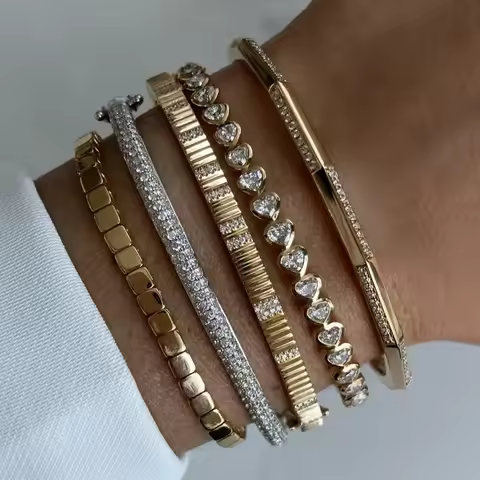 Geometric Bangle Bracelet 3 Colors Simple Bar Clear 5A Sparking CZ Fashion Women Jewelry