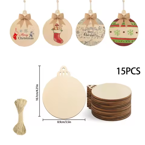 15/25/50 Pieces 3.5"x4.2" Wooden Christmas Ornaments Unfinished Wood Slices with Holes with 10M Rope