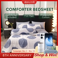 DORAMILL 7in1 Queen/ King Size Comforter Pillow Getah Keliling Cadar Fitted Bedsheet 880TC BEA