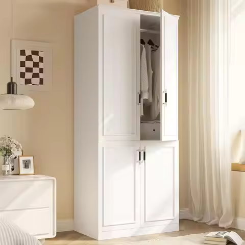 Armoire Wardrobe Closet with 4 Door,Large Wardrobe Cabinet with Hanging Rod, Freestanding Modern, Cu