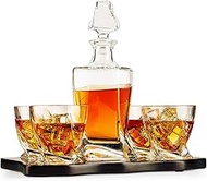 European Style Wine & Whiskey Gold Twist Spiral Decanter 855ml with 4 Glasses & Wood Tray Set by The