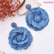 COCOFRUIT Denim Blue Fabric Earrings, Denims Handmade Blue Rose Earrings, Exaggerate Ornament Flower