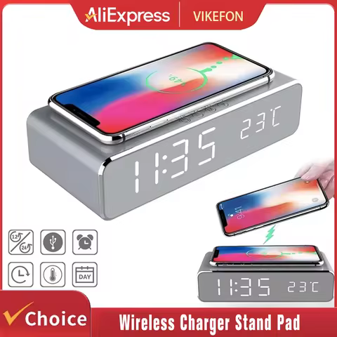 Wireless Charger Stand Pad Time Alarm Clock Thermometer Earphone Phone Charger Fast Charging Station
