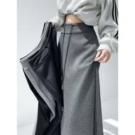 T Textured High-Gray Sports Skirt High Waist Straight Slit Elastic Slimmer Look Drawstring Casual Lo