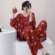 Cotton Silk Pajamas for Women, Autumn and Winter New Style, Plus Size Long Sleeve Printed Set, Inter