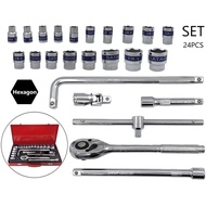 [SG STOCK] SOCKET SET 24 PIECES SRUNV METAL BOX 10-32mm Ratchet Handle & Extension Bar Chrome Vanadi