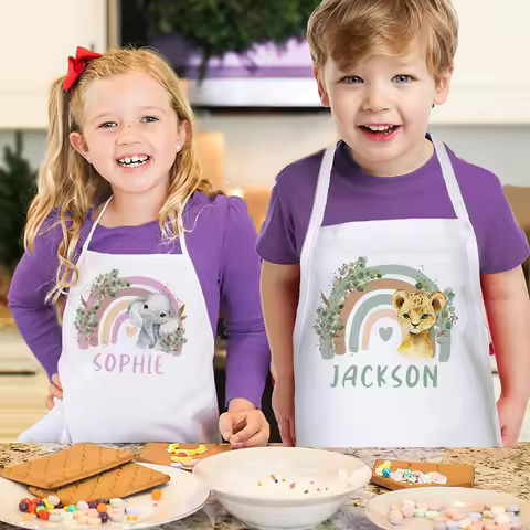 Personalised Child Apron Rainbow Safari Animals with Name Apron Boys Girls Cooking Baking Apron Cust