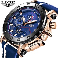 LIGE Fashion Men Watch Luxury Large Dial Waterproof Leather Sports Quartz Watch