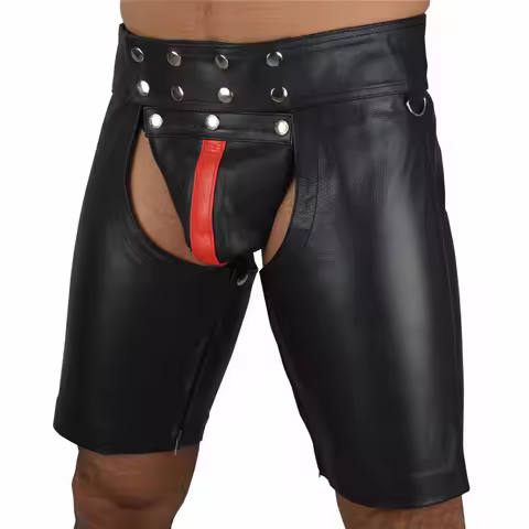 Men PU Faux Leather Shorts with Open Crotch Skinny Nightclub Wear Short Pants Wetlook Club Stage Cos