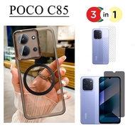 Poco C85 Case Magnetic Sticker Shockproof Phone Case for Poco C75 C65 3In1 Privacy Tempered Glass+ba