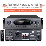 Professional Karaoke Power Amplifier High-Power 300W RMS 2-Channel 4 Speaker Output, Optical/Coaxial/Microphone