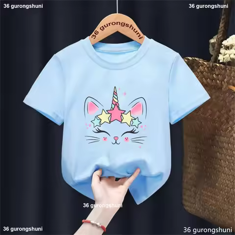 Kawaii Girls T-Shirt Cute Unicorn Flower Cat Print Kids Tshirt Funny Wild Animals Tshirt Fashion Sum