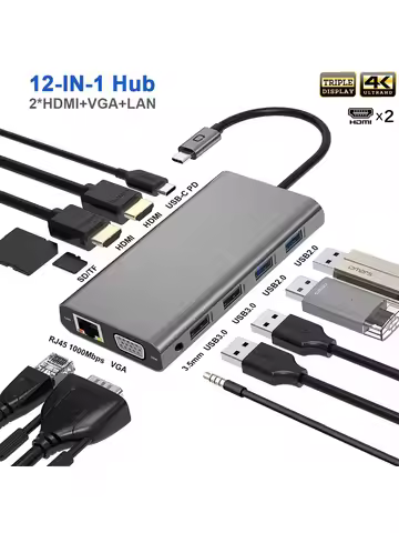 USB C Hub Triple Display Dual Monitor Adapter Laptop Hub USB C to 2 HDMI 4K VGA Ethernet 100W PD 4US