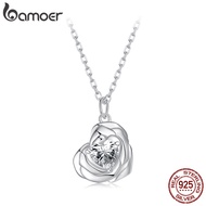 BAMOER 925เงินสเตอร์ลิงสร้อยคอจี้กุหลาบหัวใจเพทายลูกบาศก์ปู BSN419เครื่องประดับแฟชั่น