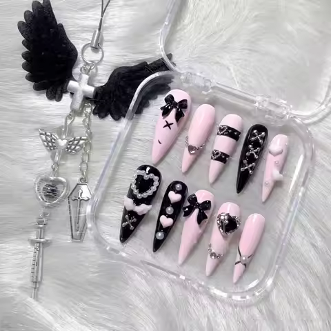 10 Pieces of Y2K Handmade Nails with Bowknots, Crosses, Hearts, and Wings, Super Long Pointed Nails,