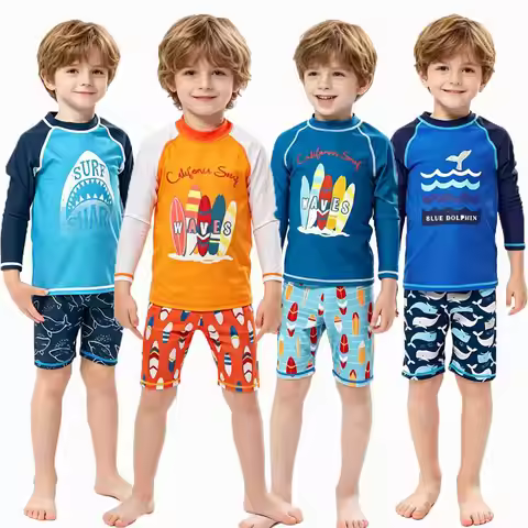 Long Tops+Shorts 2pcs/Set Kids Swimsuit Boys Swim Suit Kids Bathing Suit Children's Swimwear Kids Su