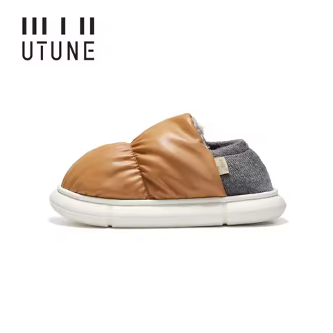 UTUNE Toast Winter Men's Home Slippers PU Waterproof Outside Shoes Women Soft Plush Indoor Light Fla