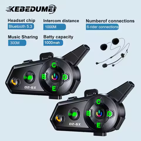 Kebidumei D2-6X Motorcycle Helmet Intercom Headset 1000M Wireless Interphone Communicator for 6 Ride