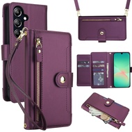 Card Case For Samsung With diagonal strap lanyard Flip Leather Cover With Cards Holder Coin Purse Ca