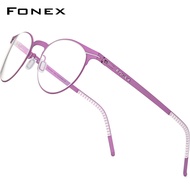 FONEX กรอบแว่นอัลลอยด์สำหรับผู้ชายผู้หญิงแว่นตาทรงกลมสไตล์วินเทจน้ำหนักเบาพิเศษกรอบแว่นตาไร้สายย้อนยุค F1023