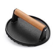 Burger Press 7Inch Round Cast Iron Smash Bacon Press Meat Steak with Wood Handle for Sandwich