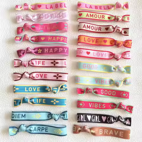 100Pcs Happiness AMOUR LABELLE Knotted Hair Tie Bracelet Good Vibes Carpe Diem Love Print Ponytail H