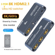 HDMI Switch 8K 3 in 1 Out HDMI 2.1 Switcher 3 Port with IR Remote Support 8K 60Hz 4K 120Hz HDCP 2.3 Ultra HD 3D for UHD TV Monitor Projector